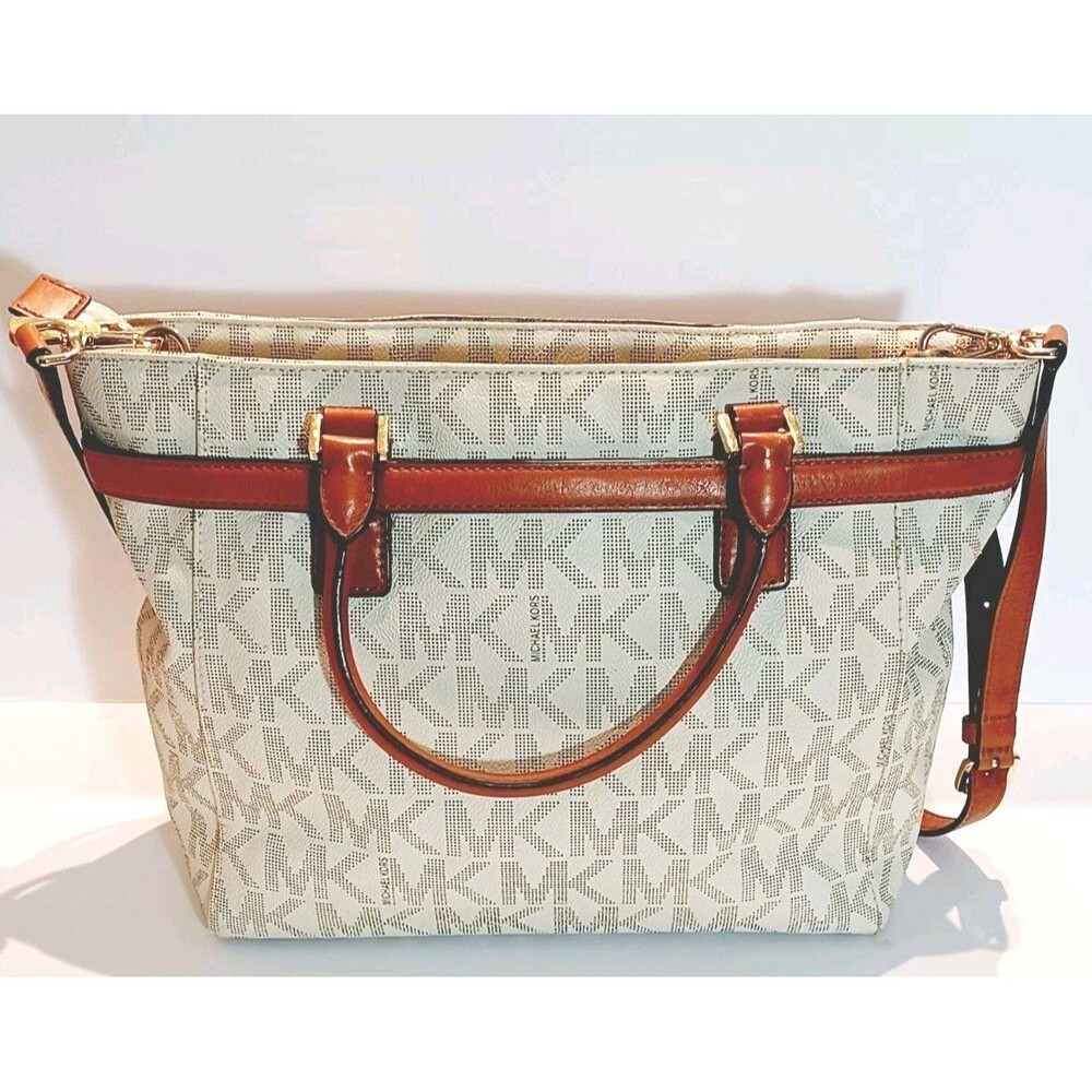 Michael Kors Cream MK Logo Canvas Crossbody with Brown Leather Trim - Picture 2 of 13